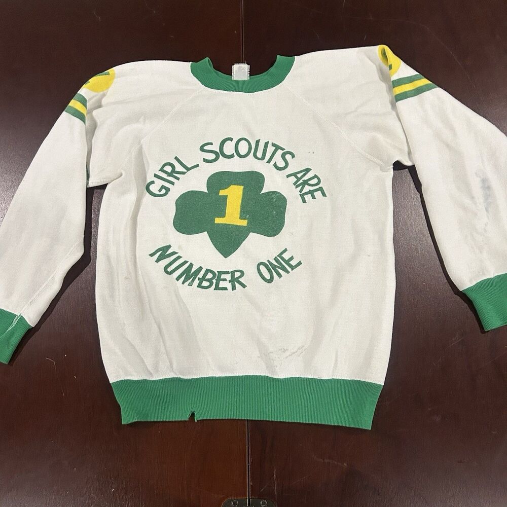 Vintage Girl Scouts Are Number One Sweatshirt Youth White Green Raglan USA Retro